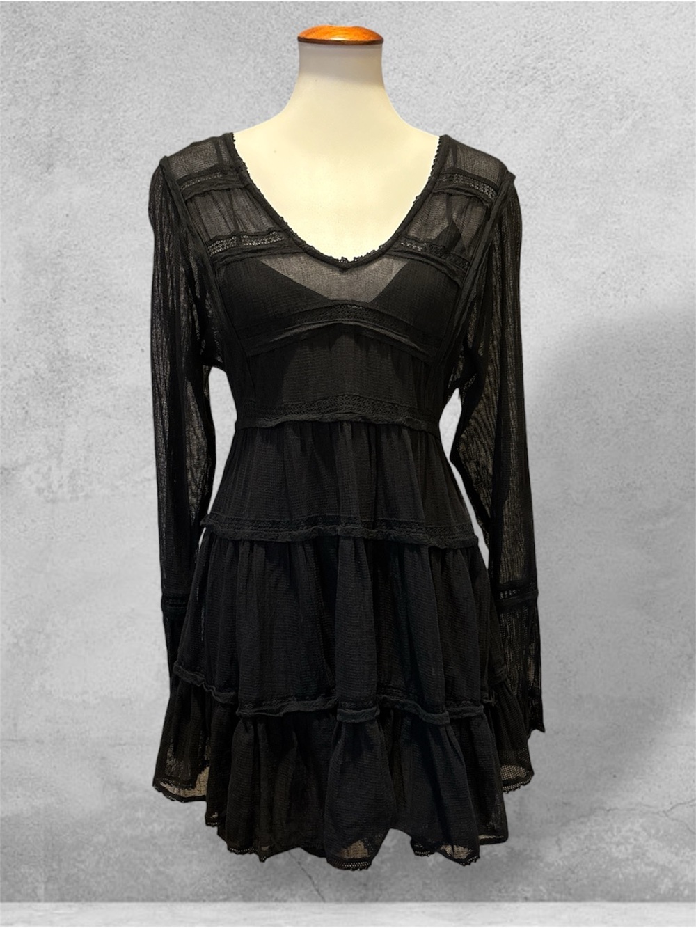 Free People Black Mesh Lace Tiered Mini Dress S